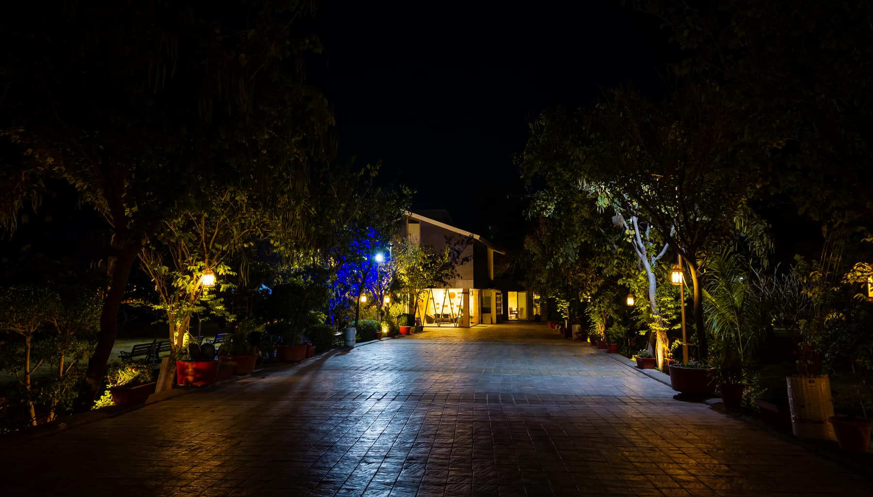 Lantern-lit stone driveway leading to the farmhouse at night